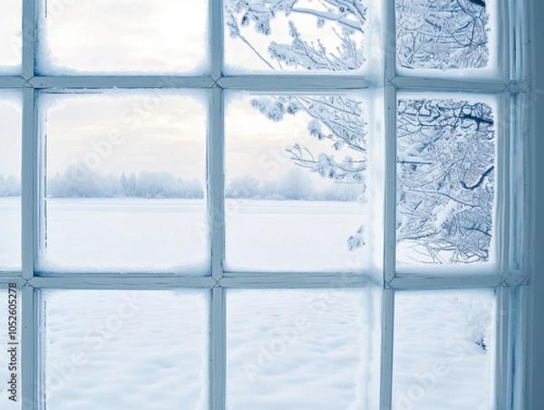 Fototapeta Snow-Covered Winter Landscape Seen from a Window in Snowy Blue, Icy Silver, and Crystal White
