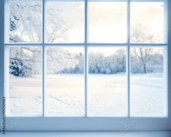 Fototapeta Snow-Covered Winter Landscape Seen from a Window in Snowy Blue, Icy Silver, and Crystal White