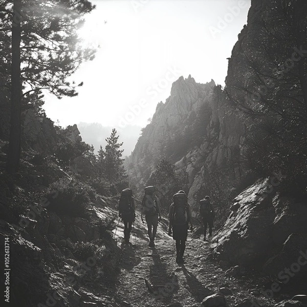 Obraz a black and white photo of people on a hike enjoying everthing