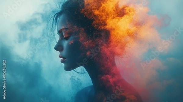 Obraz A woman's silhouette transforms with colorful smoke effects during a creative art session at dusk