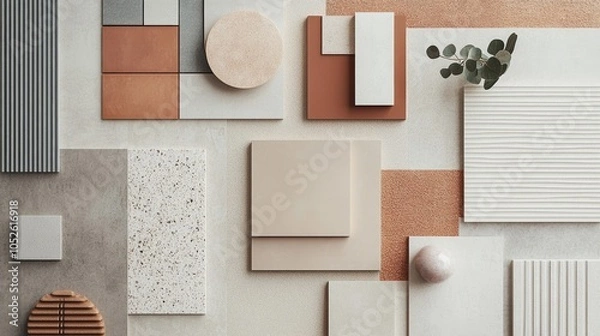 Fototapeta Creative flat lay composition with textile and paint samples, panels, and cement tiles. Stylish interior designer moodboard in light beige and gray color palette. Copy space template