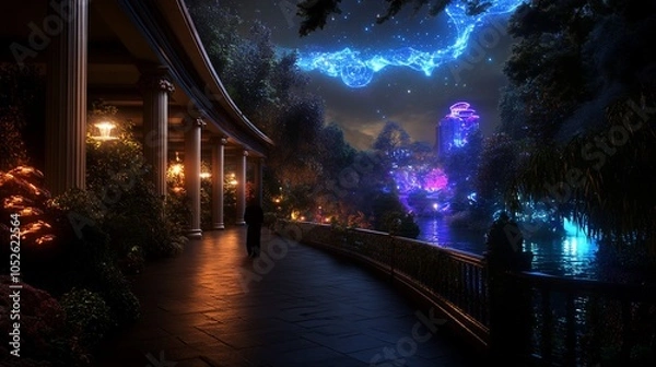 Fototapeta A lone figure walks along a path overlooking a fantastical cityscape bathed in neon lights and a starry night sky.