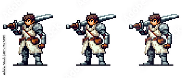 Obraz The pixel warrior stands confidently holding a large sword, wearing armor and a white tunic with a brown belt and bag.