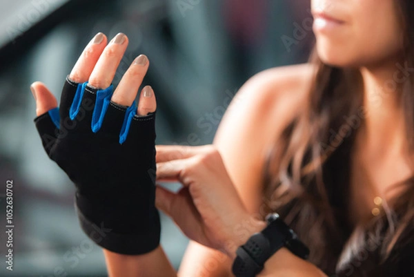 Fototapeta woman puts on fitness gloves relaxing in the gym