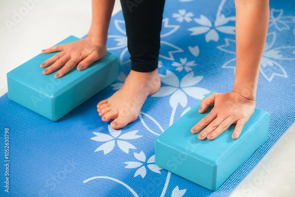 Fototapeta fitness, yoga, workout, sport, exercise, pilates, block, equipment, training, brick, fit, lifestyle, practice, wellness, body, woman, accessory, home, mat, activity, female, adult, strength, girl, act