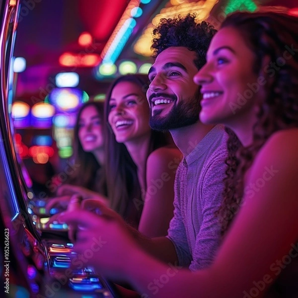 Fototapeta A group of young friends are having fun playing a slot machine at a casino