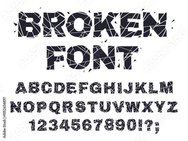 Fototapeta Smashed broken font. Glitch broken letters and numbers, cracked alphabet flat vector illustration set. Shattered crushed glass alphabet
