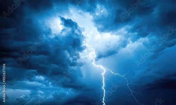 Fototapeta Lightning Strikes Through Dark Storm Clouds, Nature's Electrical Display