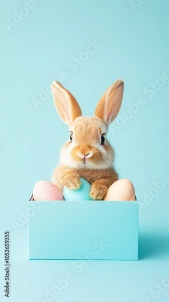 Fototapeta Cute Bunny with Pastel Easter Eggs in a Box