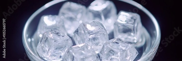 Fototapeta 爽やかな飲み物のコンセプトとデザインのためのガラスボウルに入った透明な氷のクローズアップ