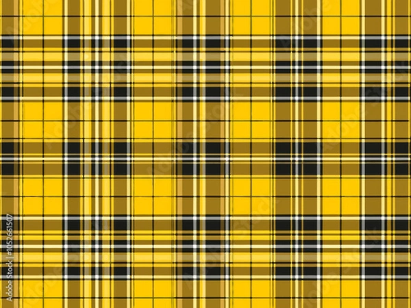 Fototapeta Bright yellow plaid fabric with black and white stripes for sewing and crafting projects in natural light