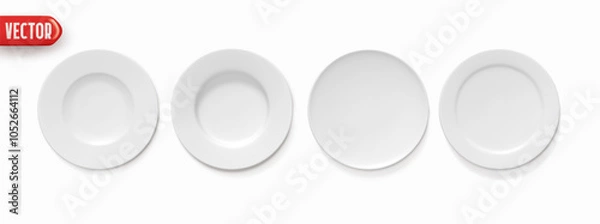 Obraz Set of White plate different shapes, realistic 3d design. Plates isolated on white background. Vector illustration