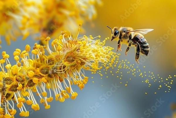 Fototapeta A Bee hovering while collecting pollen from Willow blossom
