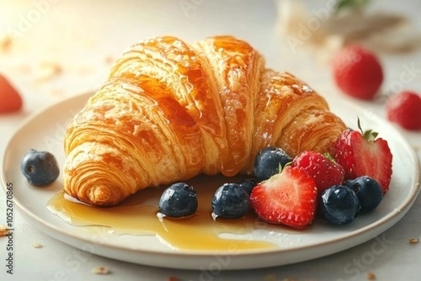 Fototapeta Delicious croissant with fresh berries and maple syrup breakfast delight. National croissant day
