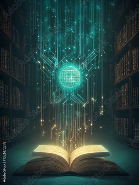 Fototapeta A glowing open book surrounded by digital data streams and a globe, symbolizing knowledge and technology.
