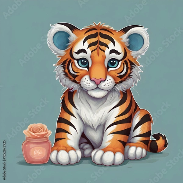 Fototapeta Create an illustration of a cute tiger cub in a stylized, artful design, mainly blue with orange and white details. The cub should have elaborate, patterned markings inspired by Indian or Middle Easte
