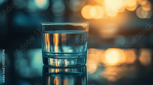 Fototapeta  glass of water on the table in a bokeh background
