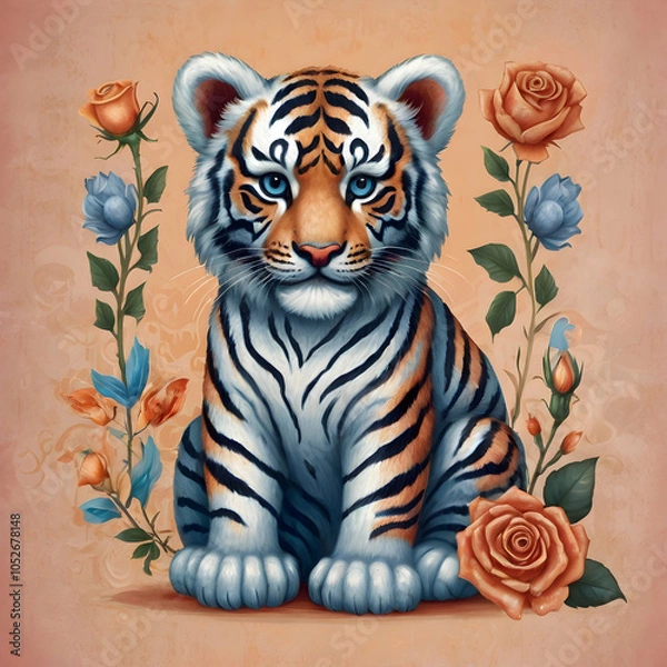Fototapeta Create an illustration of a cute tiger cub in a stylized, artful design, mainly blue with orange and white details. The cub should have elaborate, patterned markings inspired by Indian or Middle Easte