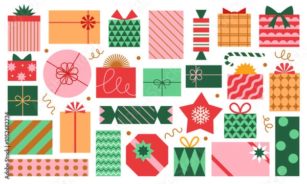 Obraz Vector set of different colorful Christmas gift boxes isolated on white background. Modern mid century clip art of present boxes in red, green, pink and gold colors.