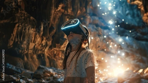 Fototapeta A child experiencing virtual reality in a mystical cave environment. Created with Generative AI