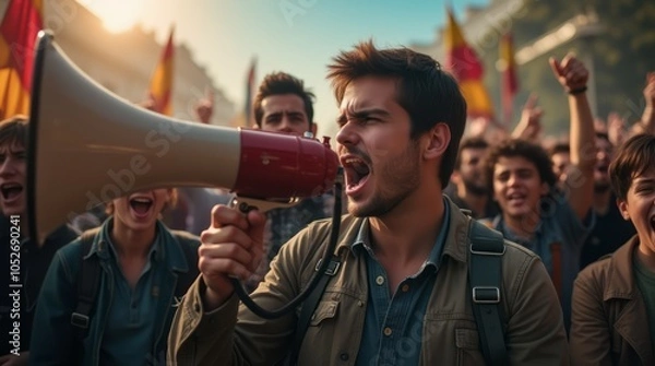 Fototapeta Angry young man shouting with megaphone during street protest surrounded by diverse and committed crowd fighting for their rights