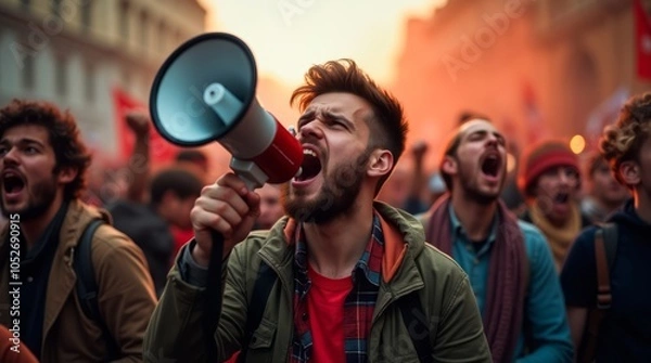 Fototapeta Angry young man shouting with megaphone during street protest surrounded by diverse and committed crowd fighting for their rights