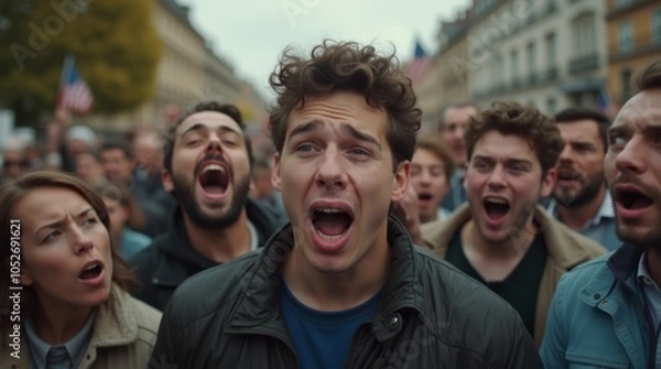 Fototapeta Angry young man shouting during street protest surrounded by diverse and committed crowd fighting for their rights
