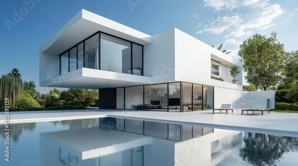 Obraz Modern White House Design Featuring an Elegant Poolside View in a Picturesque Garden Setting. Generative AI