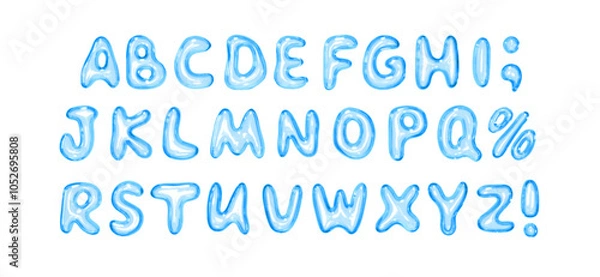 Fototapeta Letters made of glass material. Set of fonts with realistic 3d glass liquid effect, consisting of uppercase letters, special symbols. Complete alphabet Ideal for modern design. Vector illustration