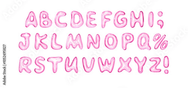 Obraz Letters made of glass material. Set of fonts with realistic 3d glass liquid effect, consisting of uppercase letters, special symbols. Complete alphabet Ideal for modern design. Vector illustration