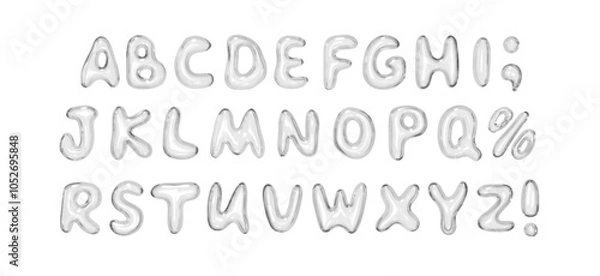 Obraz Letters made of glass material. Set of fonts with realistic 3d glass liquid effect, consisting of uppercase letters, special symbols. Complete alphabet Ideal for modern design. Vector illustration