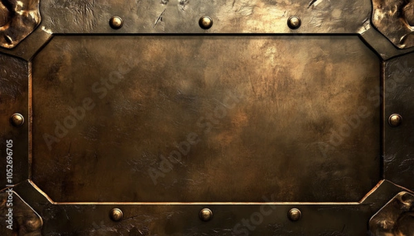 Fototapeta Aged metallic background with a rustic bronze texture and riveted metal frame, evoking an industrial and vintage feel