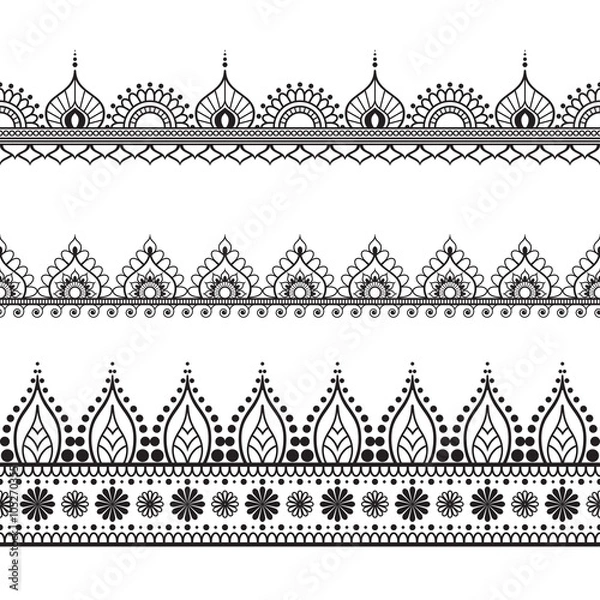 Fototapeta Border elements in Indian mehndi  style for card or tattoo. Vector illustration isolated on white background.