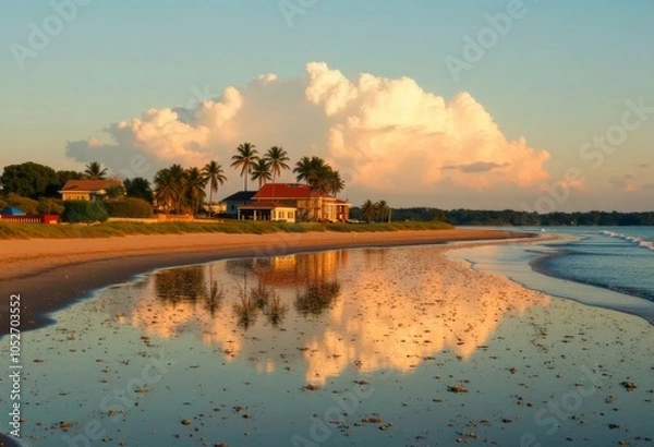 Fototapeta Beachfront house surrounded by palm trees and waves lapping at sand