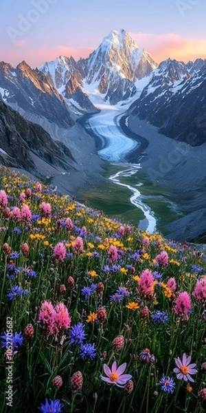 Obraz A breathtaking landscape showcasing a vibrant field of wildflowers in various hues at sunrise, with towering snow-capped mountains and a glacial river in the background.