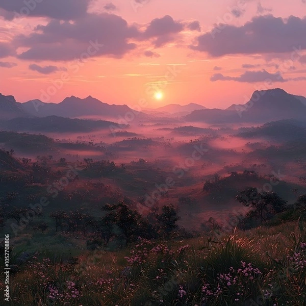 Fototapeta A breathtaking sunset casts a warm glow over a misty valley, with rolling hills and silhouetted mountains in the background. Vibrant pink and orange hues fill the sky.