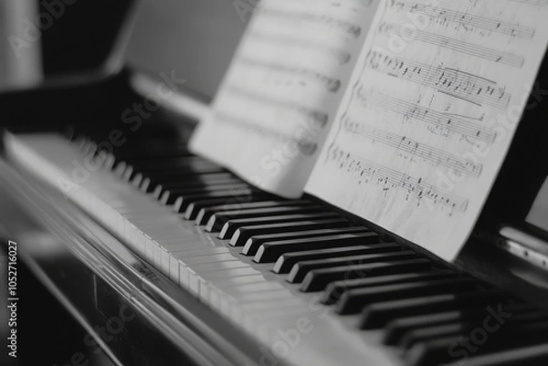 Fototapeta A close-up view captures the smooth keys of a piano alongside neatly arranged sheet music on a solid surface, suggesting a serene musical atmosphere perfect for practice or composition.