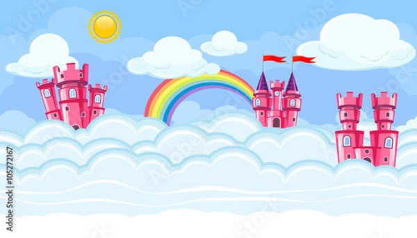 Fototapeta Seamless editable celestial cloudscape with pink castles for game design