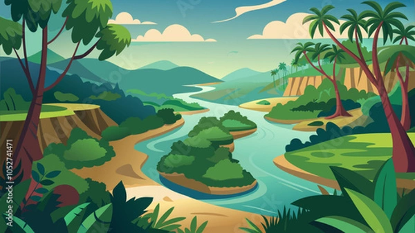 Fototapeta Lush green landscape with winding river and mountains during daylight showcasing vibrant flora and serene environment