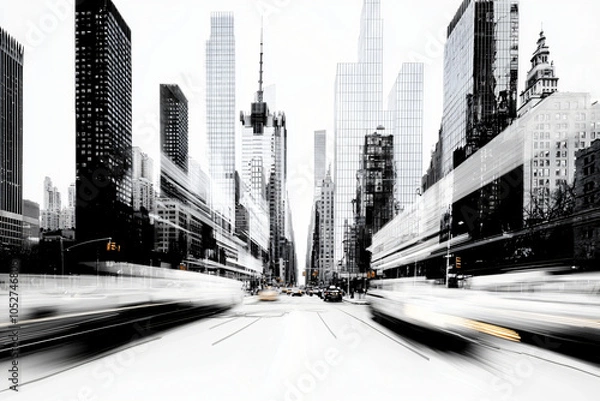 Fototapeta Manhattan street scene sketch with intricate details, high contrast black lines, white background