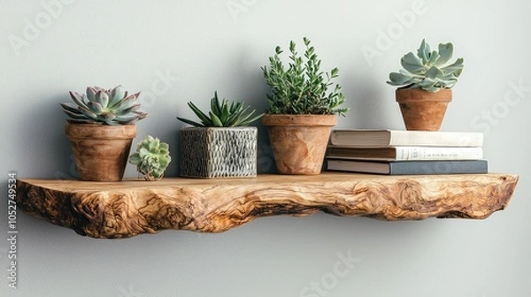 Obraz A rustic wooden shelf with succulents and books against a white wall.