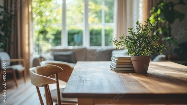 Fototapeta A wooden table in a living room with a plant, a stack of books, and a chair in the foreground.
