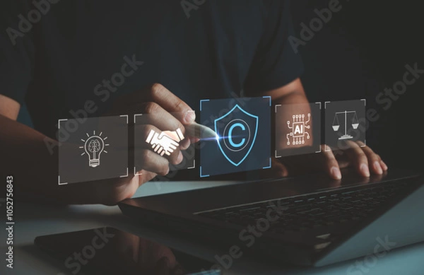 Fototapeta Digital copyright or patent concept. Laws regarding copyright and patents on intellectual property arising from artificial intelligence technology. Patented technology concept for business.
