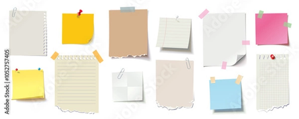 Obraz Set note paper, sticky note, notebook page, torn piece of paper. Blank sheet with push pin and adhesive tape. Templates for note message. Vector illustration. Isolated on white background. Front view