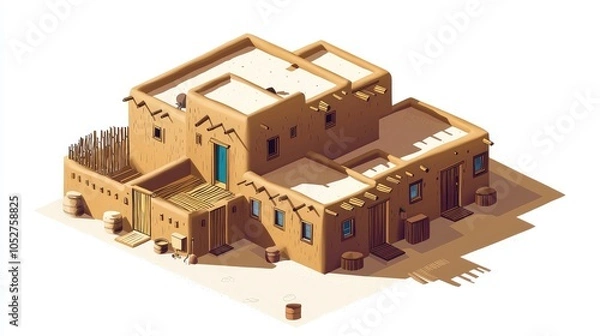Fototapeta Isometric illustration of a traditional adobe house with a flat roof and a courtyard.