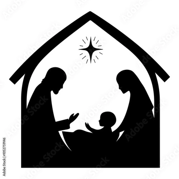 Fototapeta Christmas, baby Jesus in the manger with Mary and Joseph vector black silhouette 