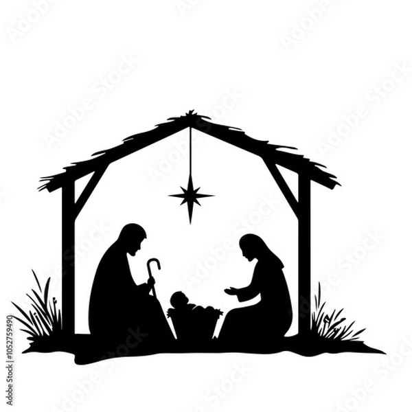 Fototapeta A beautiful Nativity Scene Silhouette featuring the shining Star at the top of the display