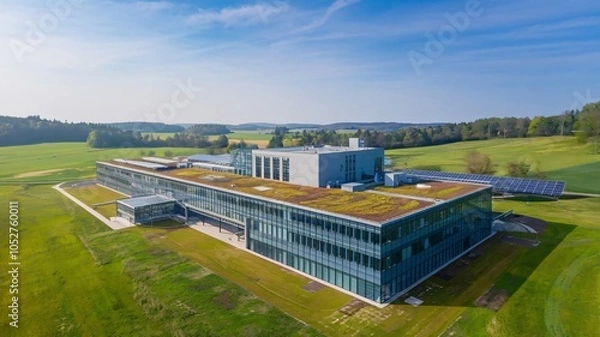 Fototapeta A large data center with a green roof and solar panels, surrounded by meadows, captured from a drone.