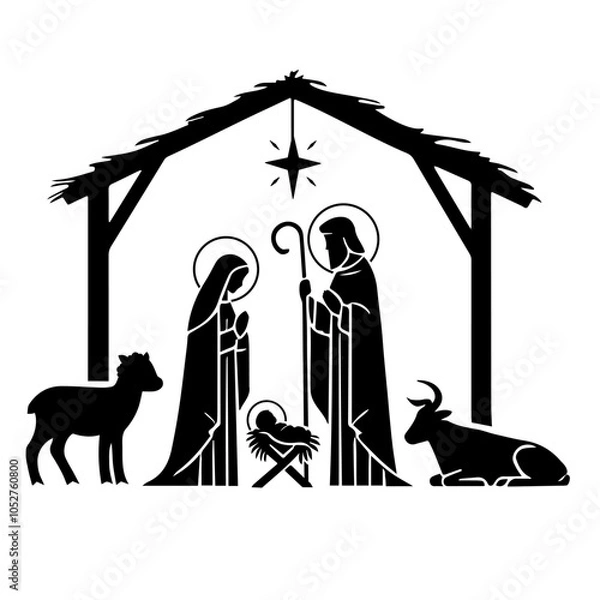 Fototapeta baby Jesus in the manger with Mary and Joseph vector black silhouette Christmas