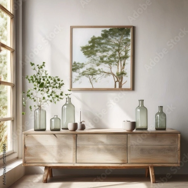 Fototapeta wood framed nature photo white wall with a raw wood table with modern organic vases and jars in a Japandi beige minimalist room with sage green, light wood, home decor mock-up